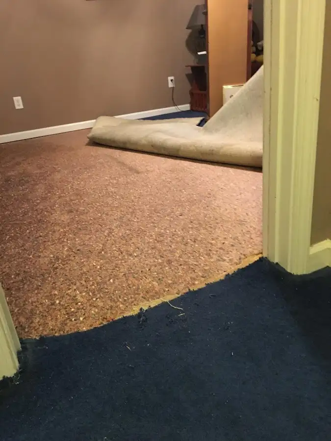 Carpet pad removal revealing water damage during Water Mitigation Services in Fair Lakes